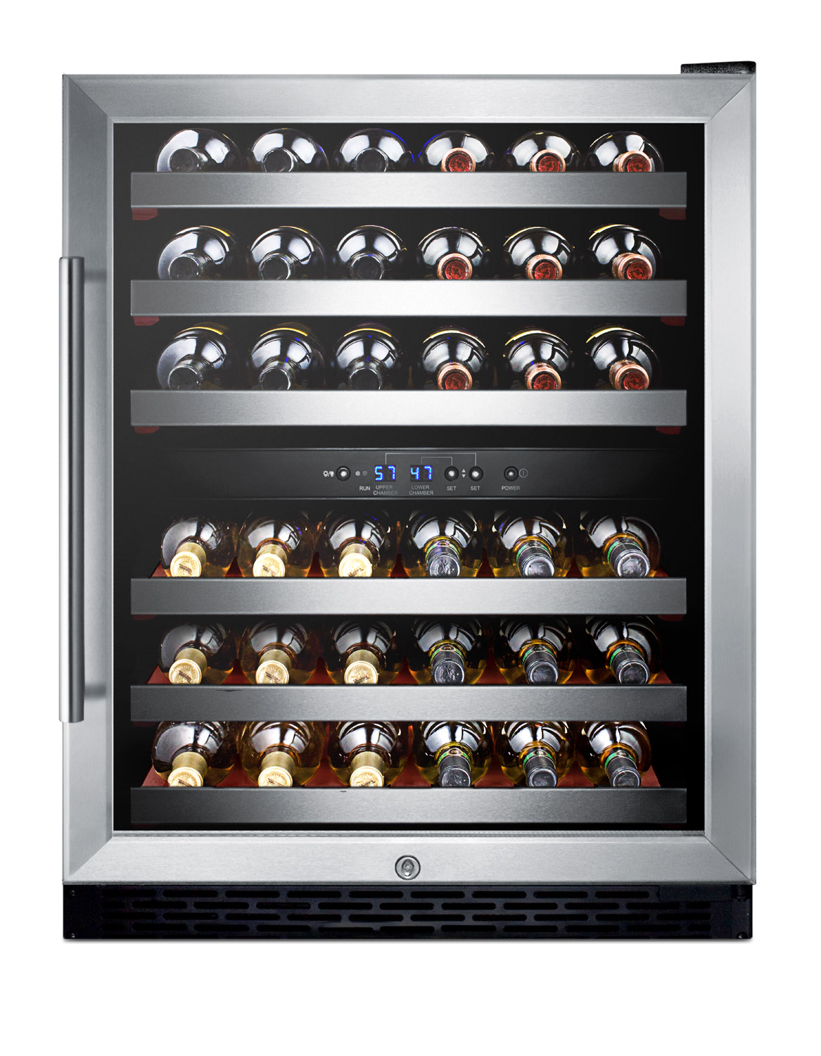 Dual zone built-in commercially approved wine cellar designed for the display and refrigeration of beverages, with digital thermostat, stainless steel trimmed shelves and black cabinet; replaces SWC530LBIST